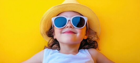 A Girl enjoying a sunny day. She is wearing a casual standing of yellow background. Summer, School break, School holidays, vacation concept.