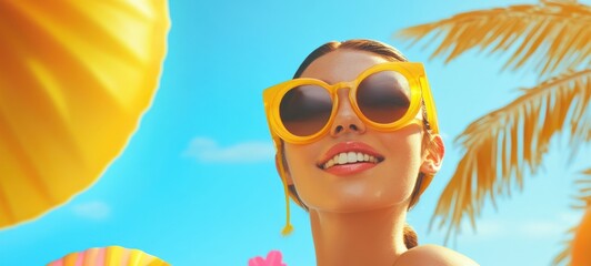 Woman enjoying a sunny day at the beach. She is wearing a casual standing of the blue sky and Palm leaves background. Summer vacation travel holiday. 