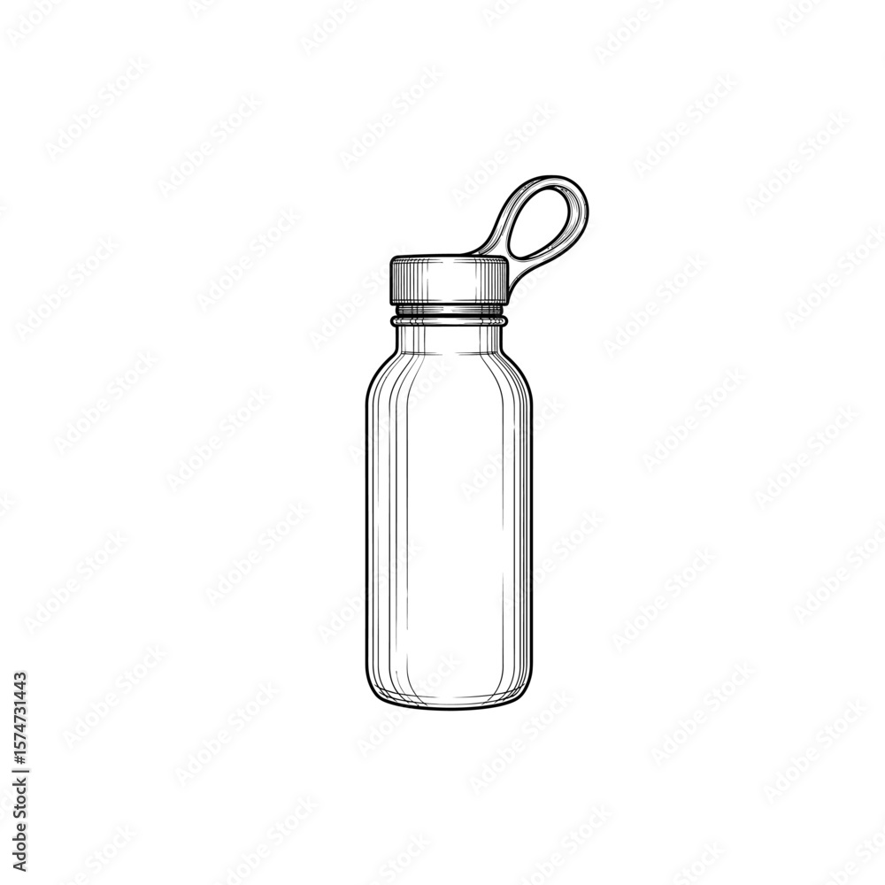 Poster illustration of a clear water bottle with a cap and a loop handle on a white background design