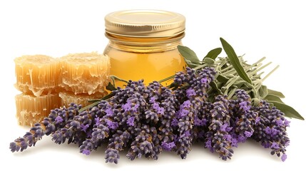 Honeycomb, lavender flowers, and a jar of honey.