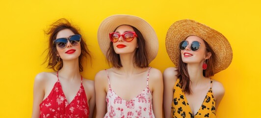 Woman enjoying a sunny day. She is wearing a casual standing of yellow background. Summer vacation travel holiday concept.