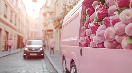 Pink food truck filled with fresh strawberries and plums on a city street.