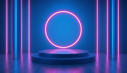 Futuristic Blue Neon Circle with Empty Podium for Product Display Mockup