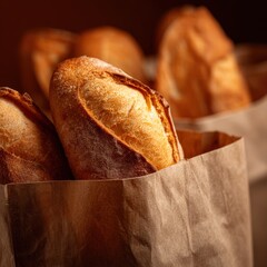 Freshly Baked Bread Rolls in Rustic Paper Bags on Dark Background