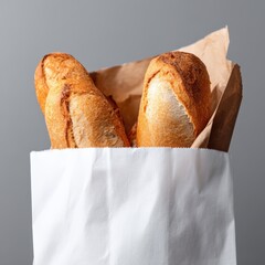 Freshly Baked Baguettes in White Paper Bag on Gray Background