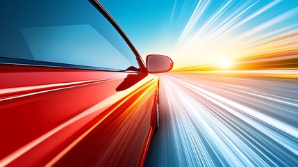 A red sports car speeds along a highway at sunrise.