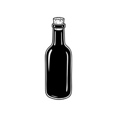 A black and white illustration of a bottle with a cork stopper on a white background in vector format