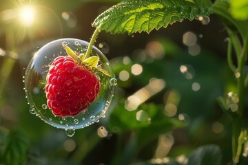 Ripe red raspberry growing inside soap bubble with sunlight shining through green leaves, concept of environmental protection