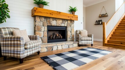 Cozy Living Room With Stone Fireplace and Comfortable Chairs