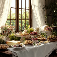 Elegant and Abundant Table Setting with Fresh Fruits and Pastries