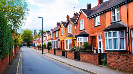 A street lined with colorful houses and trees, with a clear blue sky overhead.