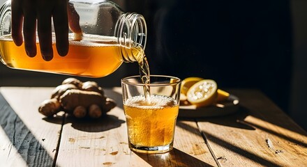 Pouring Homemade Ginger Kombucha, a Probiotic Fermented Tea, in Rustic Sunlight
