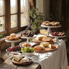 Rustic Cheese and Dessert Display with Natural Light and Fresh Fruits