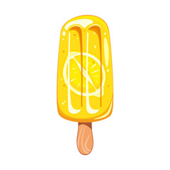 Ice cream with lemon, fruit popsicle on a wooden stick with lemon pieces. Summer cold dessert, frozen juice, fruit ice. Vector illustration.