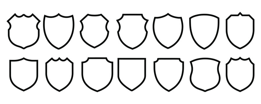 Collection of outline shield icon vector illustration. Protection, security, medieval, heraldic, safety, crest symbol vector