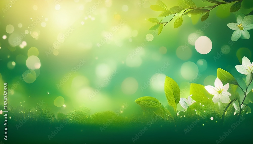 Poster spring background abstract banner green blurred bokeh lights panorama header