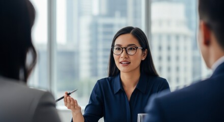 Obraz premium Engaging Business Meeting with Female Leader in Modern Office Corporate Environment Professional Discussion Urban Viewpoint Empowerment Concept