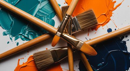Photo of a collection of paintbrushes rests on a white surface splattered with vibrant orange, teal, and blue paint, showcasing a creative and artistic mess