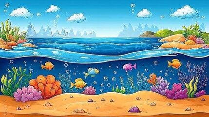 Underwater scene with colorful fish and coral reefs.