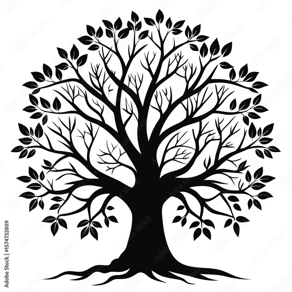 Poster intricate black silhouette of a detailed tree with complex branching patterns