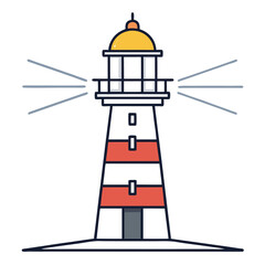 Minimalist line art illustration of a lighthouse emitting a bright beam of light across the sea
