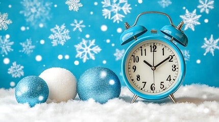 Blue alarm clock and ornaments on snow, winter scene.