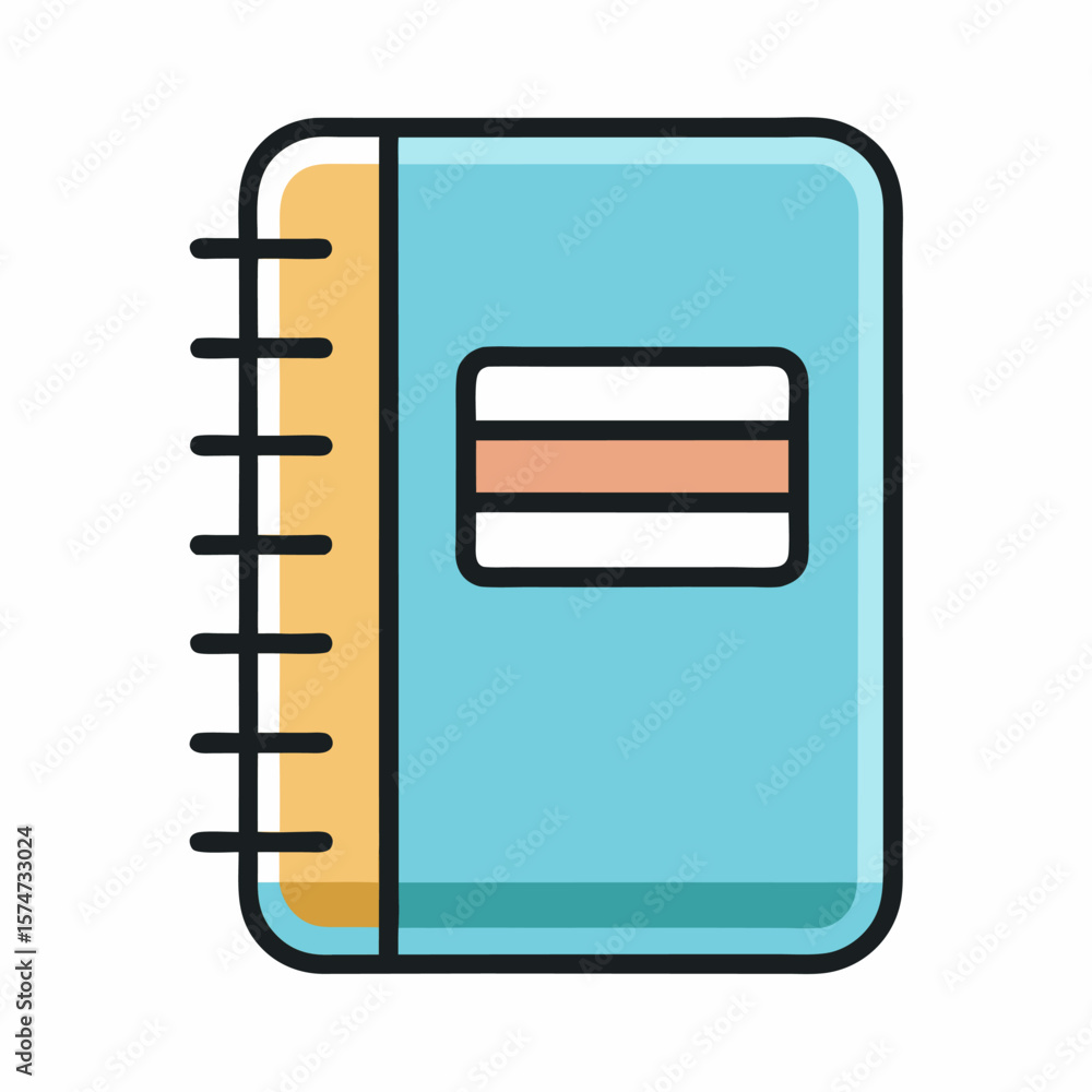 Poster clean line art icon of an open notebook with a spiral binding on a white background