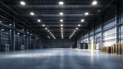 A large, empty warehouse with high ceilings and industrial lighting. The space is devoid of people, with only a few pallets and containers visible on the floor.