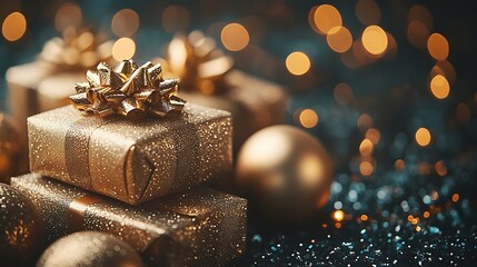 Golden gift boxes with festive decorations.