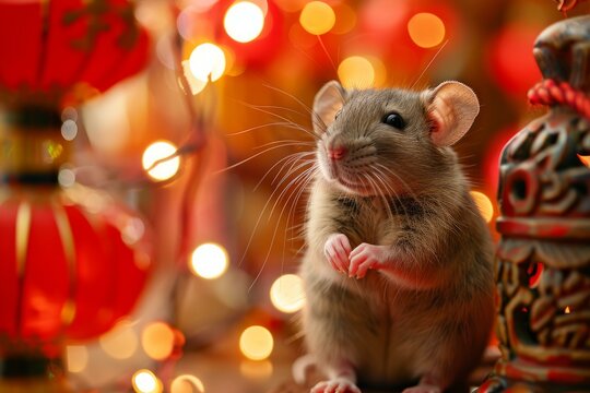 Adorable rat posing near traditional red lanterns and warm lights, celebrating the chinese new year with a festive atmosphere