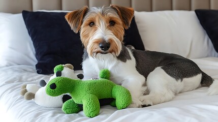 A dog relaxing on a bed with a plush toy.
