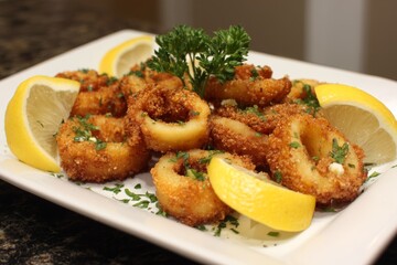 Fried calamari with lemon wedges.
