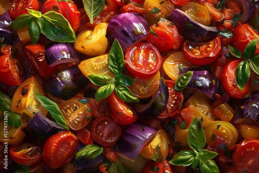 Poster sliced tomatoes and basil leaves combine in a colorful mix, creating an appealing culinary scene