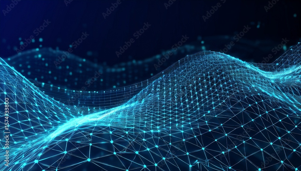 Aufkleber network connection structure futuristic abstract mesh wave with the connection of points and lines big data 3d rendering
