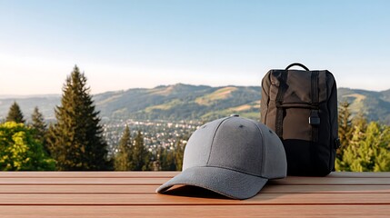 A gray cap and a black backpack are placed on a wooden surface with a mountainous background.