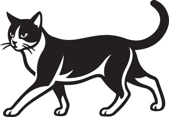 Walking cat black and white vector design, Cat in motion silhouette illustration