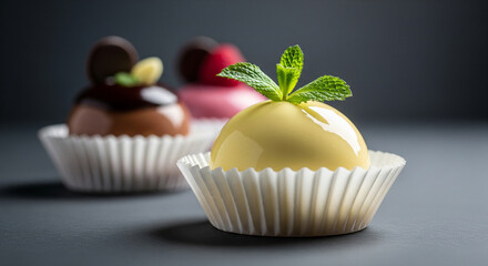 Photo of a trio of elegantly crafted mousse desserts, one topped with mint and two with chocolate and berry garnishes, are artfully arranged on a dark surface