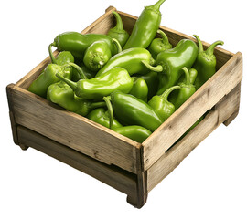 Wooden box full of green peppers , isolated on transparent background, png