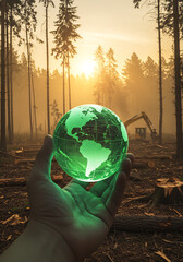 Hand holding glowing green globe over deforested forest with logging machinery, symbolizing climate change and conservation