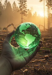 Hand holding glowing green globe over deforested forest with logging machinery, symbolizing climate change and conservation