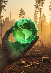 Hand holding glowing green globe over deforested forest with logging machinery, symbolizing climate change and conservation