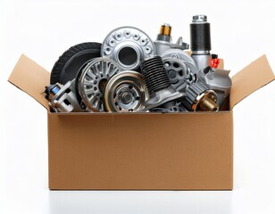 cardboard box filled with various car parts and mechanical components