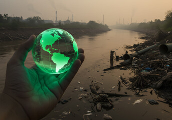 Hand holding glowing green globe over polluted river with industrial waste and smokestacks, symbolizing water pollution and climate change