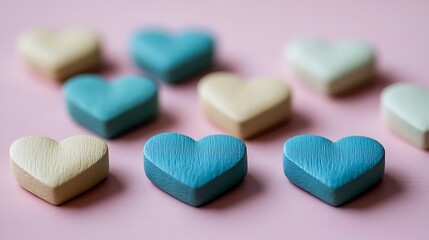 Colorful wooden hearts on a pink background.