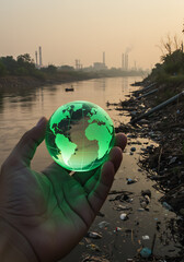 Hand holding glowing green globe over polluted river with industrial waste and smokestacks, symbolizing water pollution and climate change