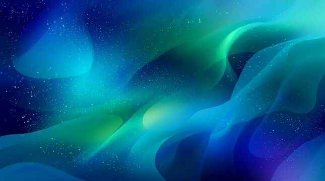 Abstract background with fluid, undulating blue-green shapes resembling water movement or a cosmic nebula, enhanced by gentle pulsating lights &mdash; a dynamic, modern backdrop for design and motion graphi