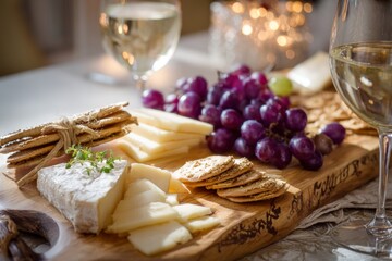 Cheese platter with grapes and crackers.