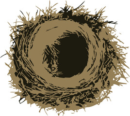 Detailed Top View Illustration of an Empty Bird's Nest with Brown Twigs and Grass vector