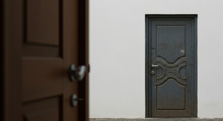 Obraz premium A dark gray door on a white wall, with a brown door opening in the foreground