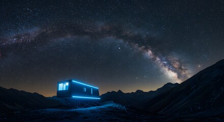 Milky way stars night sky cabin mountain landscape dark blue glow architecture design travel space view